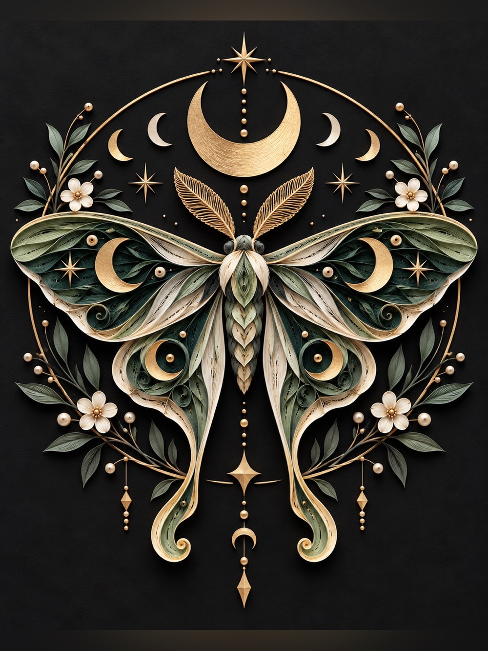 8x10 Framed Elegant Gold & Green Moth Wall Art - Home Wall Decor